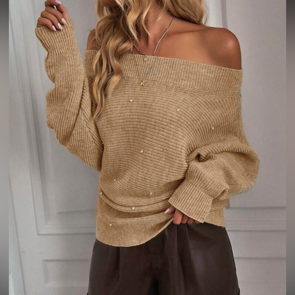 Cozy khaki Off Shoulder Oversized Sweater Top LAST PACK - Picture 6 of 6